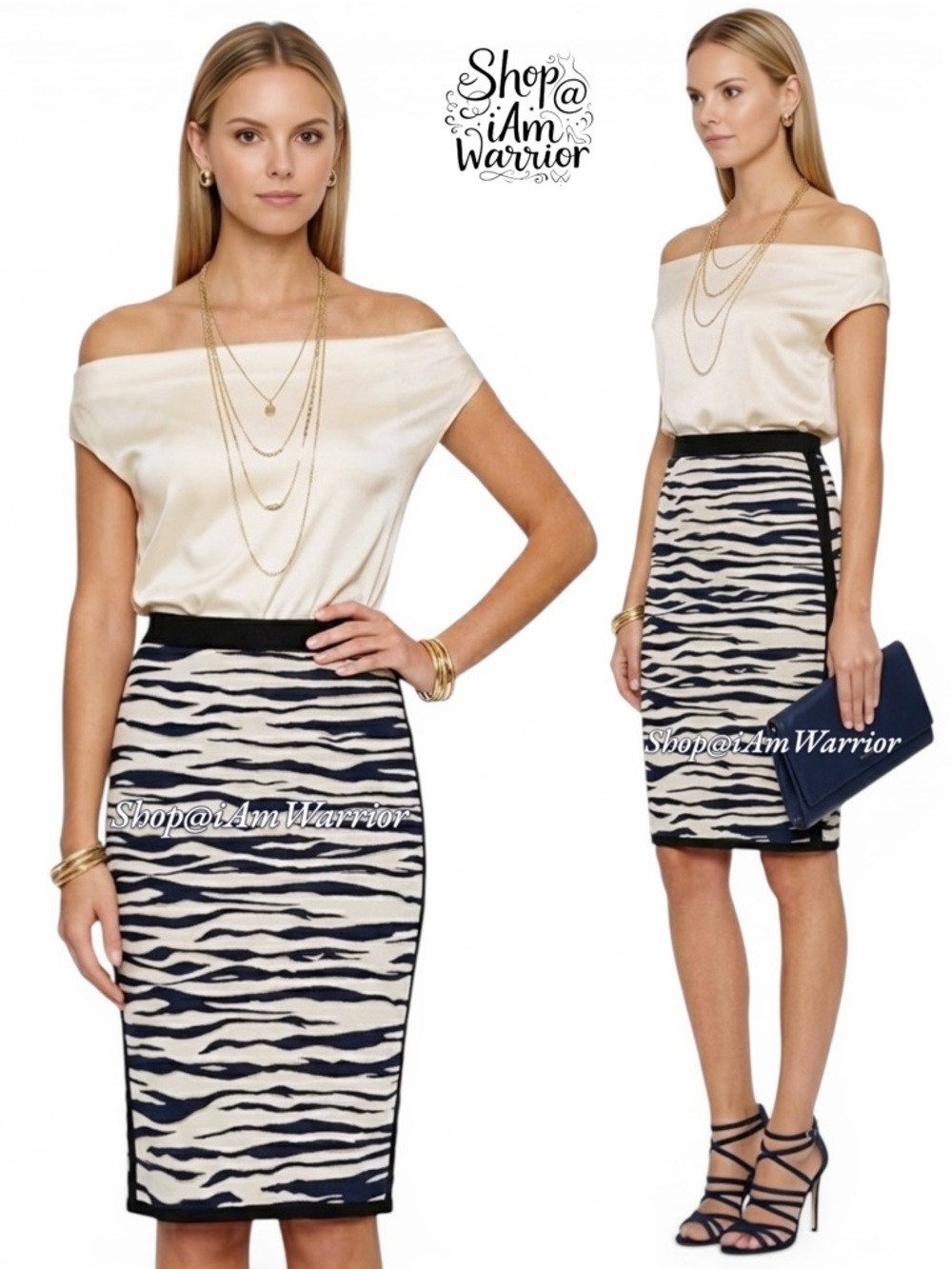 Ann Taylor navy & cream zebra print pencil skirt *shop@iamwarrior